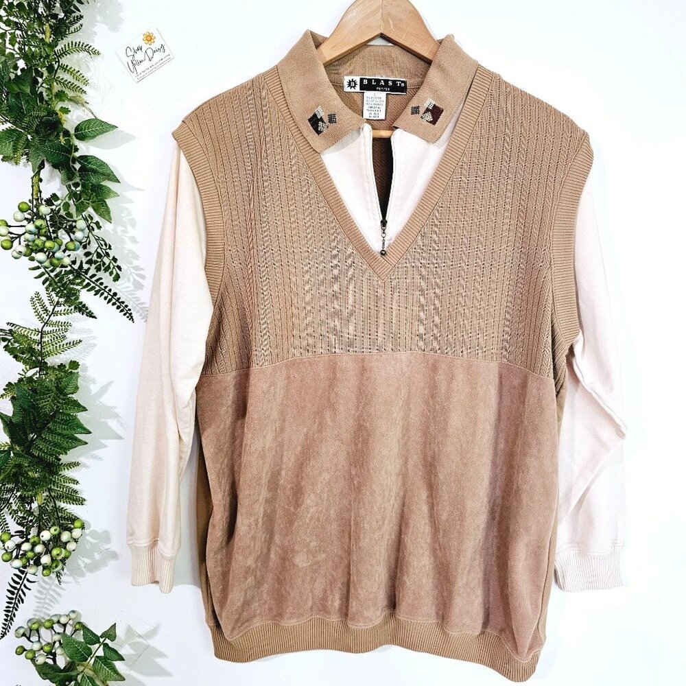 Vintage Blast Petites Womens Sweater Vest Top Beige & Cream Sz L《875》J‎